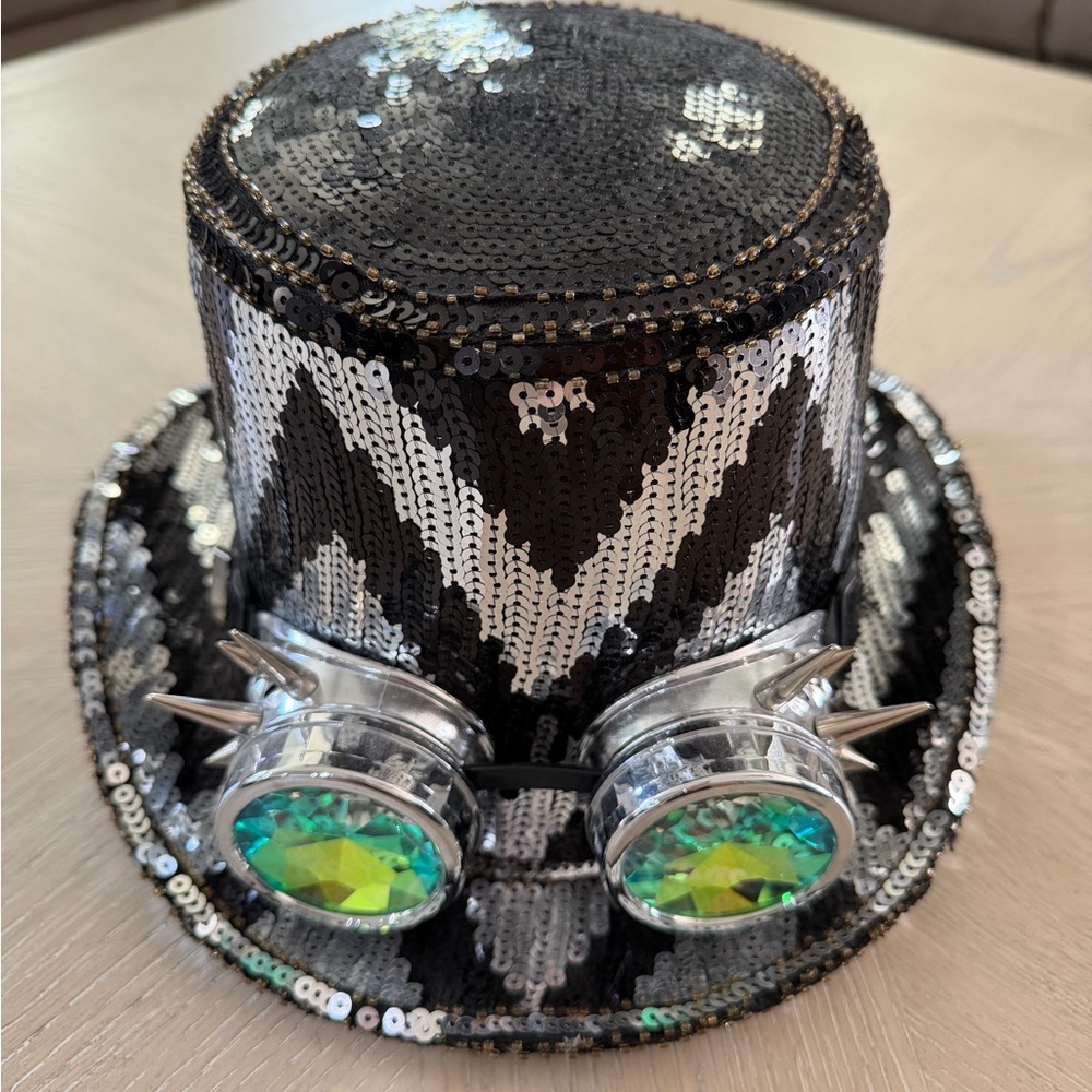 Black and Silver Sequin SteamPunk Hat with Iridescent removable Green Goggles - Picture 2 of 5
